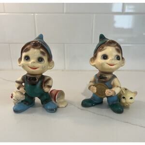 2 Vintage Josef Originals Figurine Wee Folks Elf Boy Spilled Milk & Piggy Bank